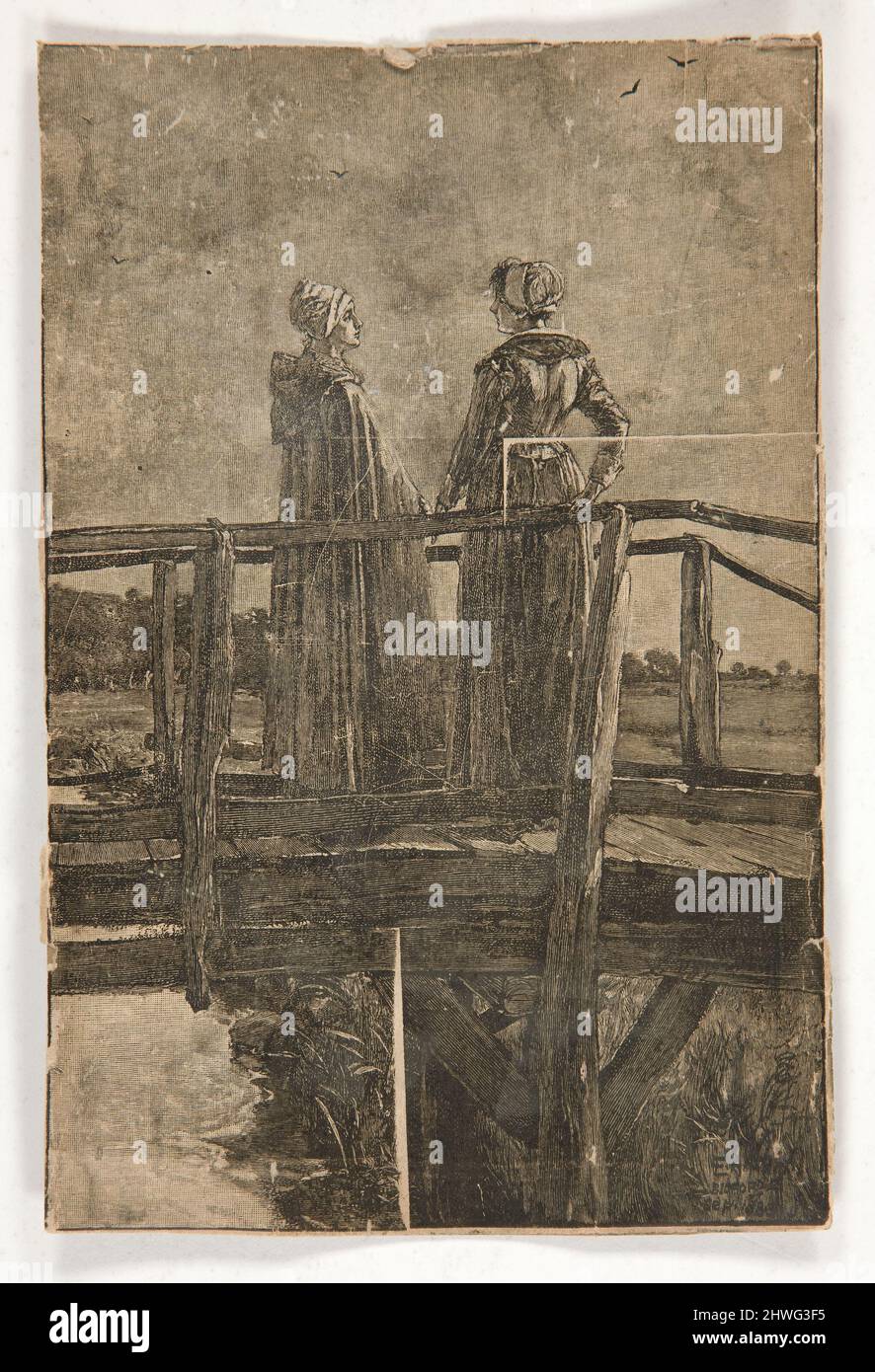 Untitled woodengraving by E.A. Abbey (?) of two ladies on a wooden footbridge - illustration for William Black’s Judith Shakespeare (?).  Artist: Edwin Austin Abbey, American, 1852–1911, M.A. (HON.) 1897 Stock Photo