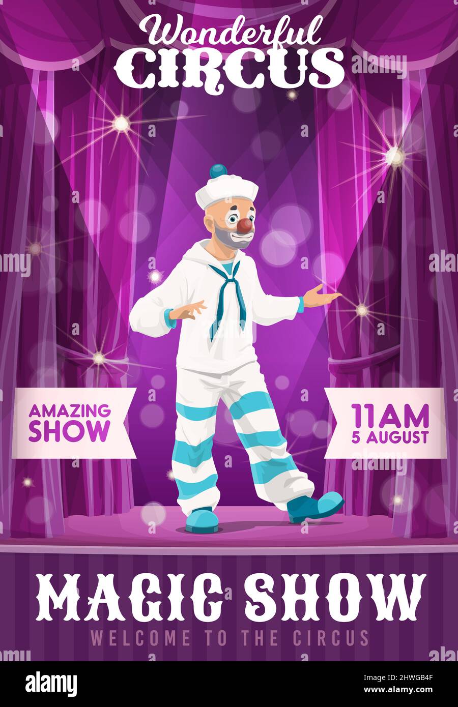 Shapito circus poster with cartoon sailor clown on stage, vector ...