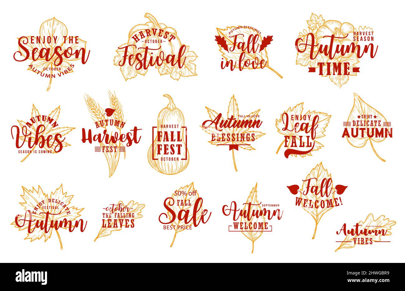 Autumn harvest festival, seasonal sales lettering icons. Chestnut, maple and oak sketch vector leaves, ripe pumpkin and butternut squash, wheat ear. A Stock Vector