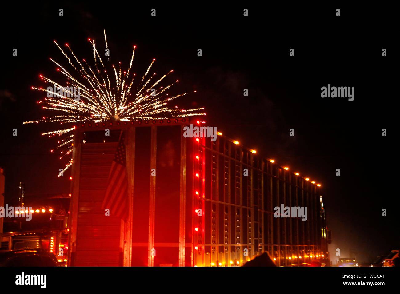 Fireworks explode during "Peoples Convoy" as it pauses for a second day at the Hagerstown