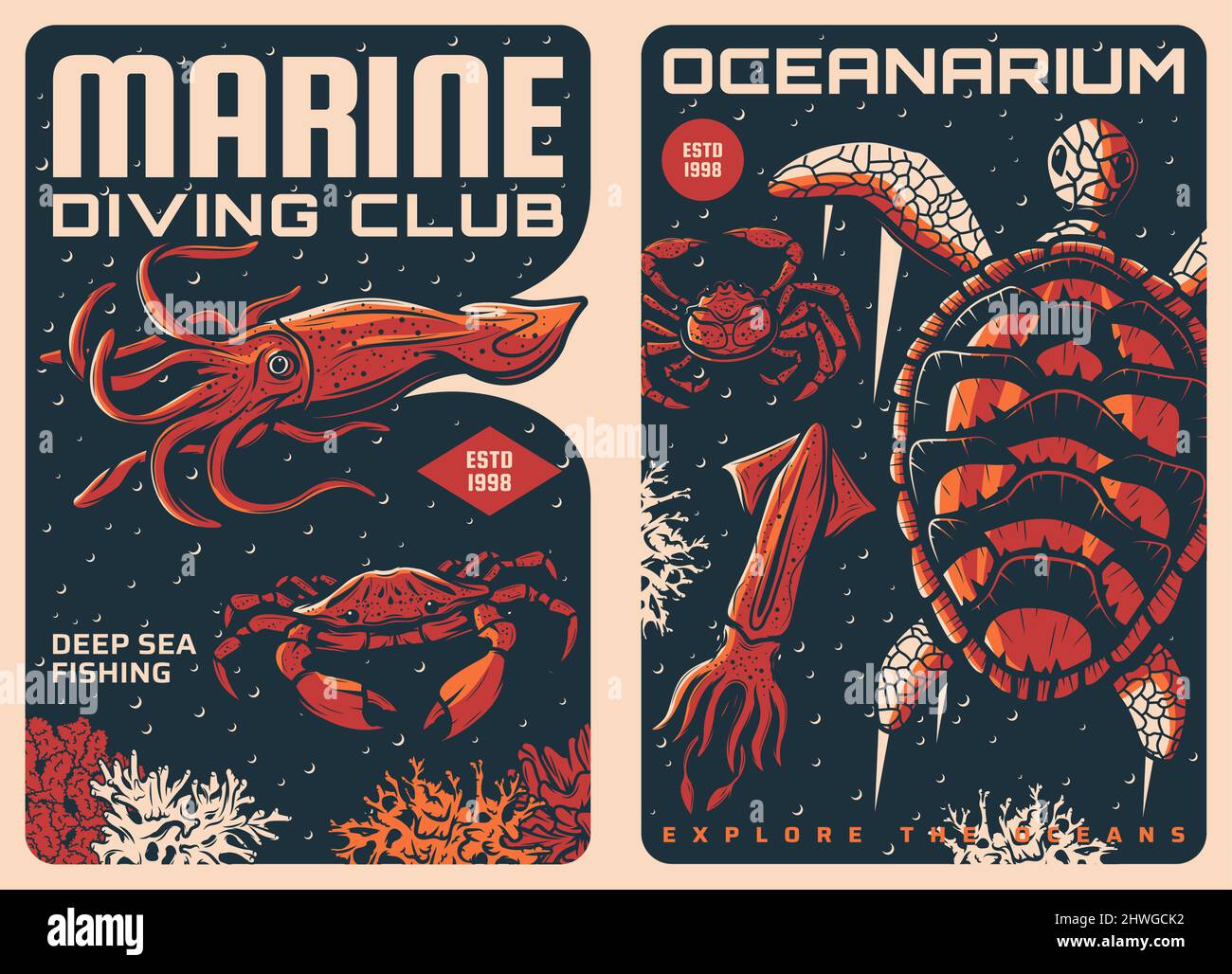 Squid, crab and turtle retro posters. Marine diving hobby, deep
