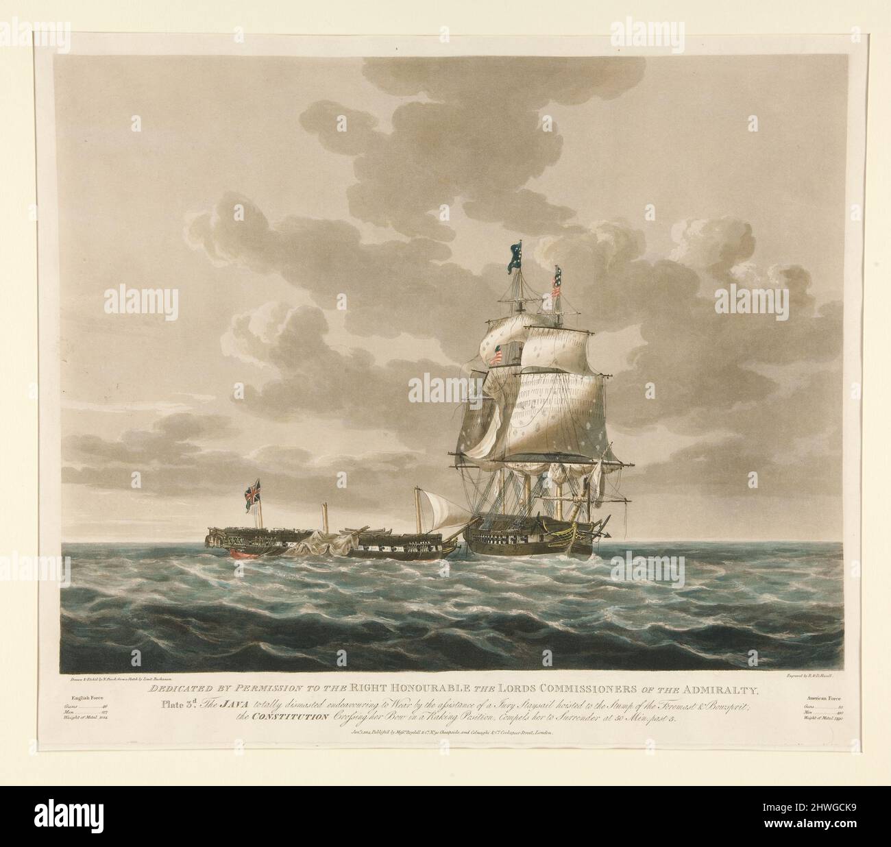 Dedicated…The Java totally dismasted…the Constitution (War of 1812) : Plate 3 - set of four. After: James Buchanan, American, 1791–1868 Stock Photo