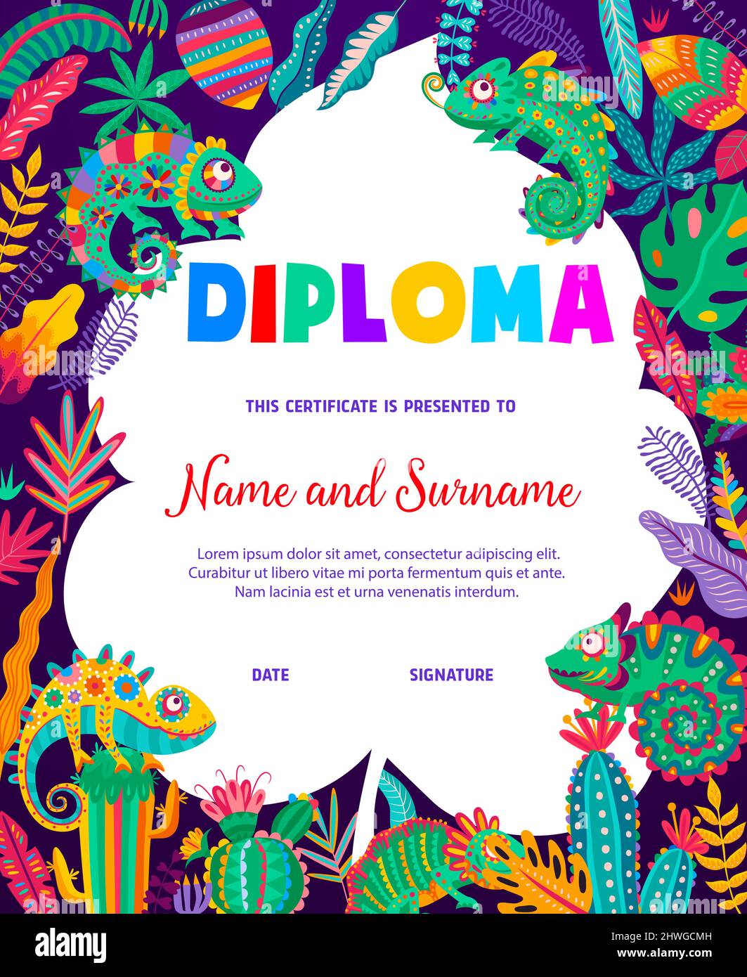 Mexican chameleon lizards, cactus and flowers, kids diploma vector education certificate. School