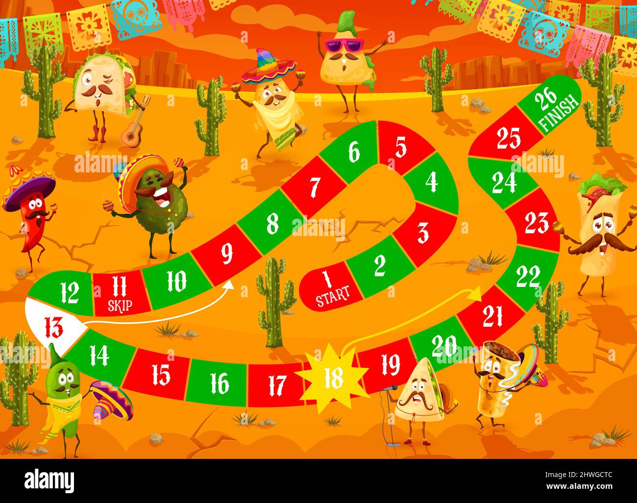Kids boardgame and cartoon funny mexican food characters. Kindergarten