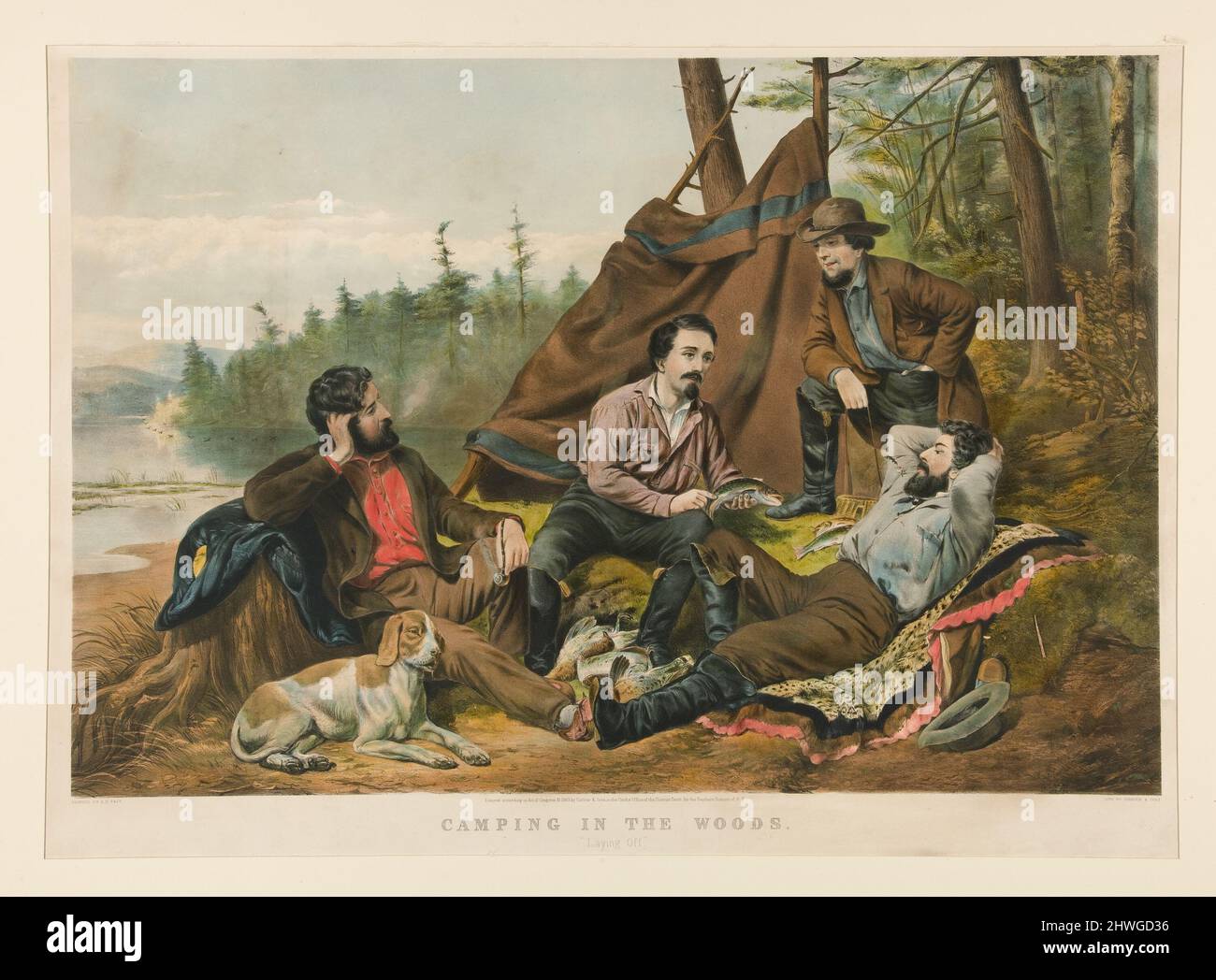 Camping in the Woods. “Laying Off”.  Artist: Currier & Ives, American, active 1834–1907After: Arthur Fitzwilliam Tait, American, 1819–1905 Stock Photo