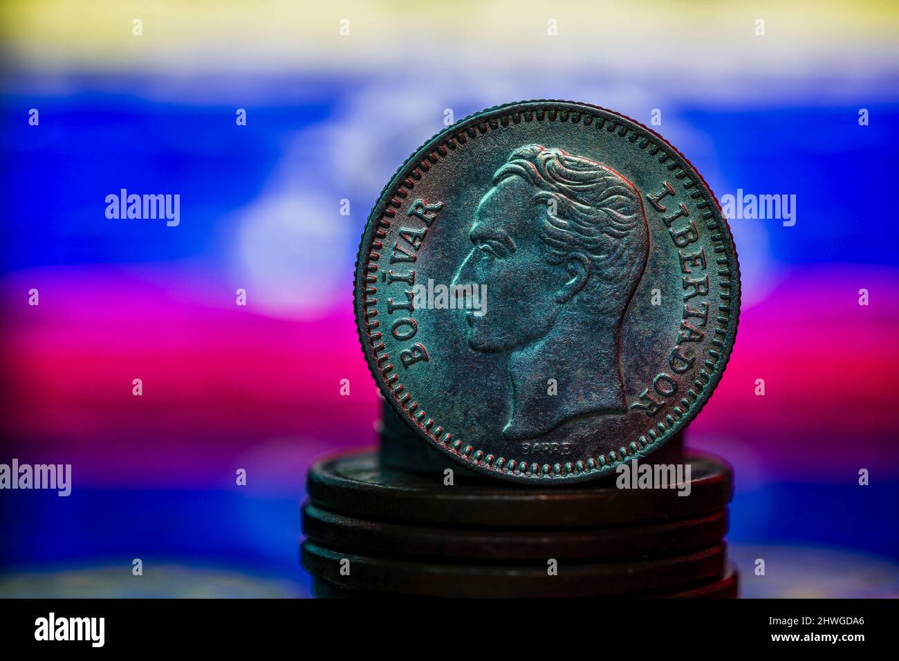 Venezuela 25 Cents Coin 1965 Obverse Flag Background Macro Stock Photo