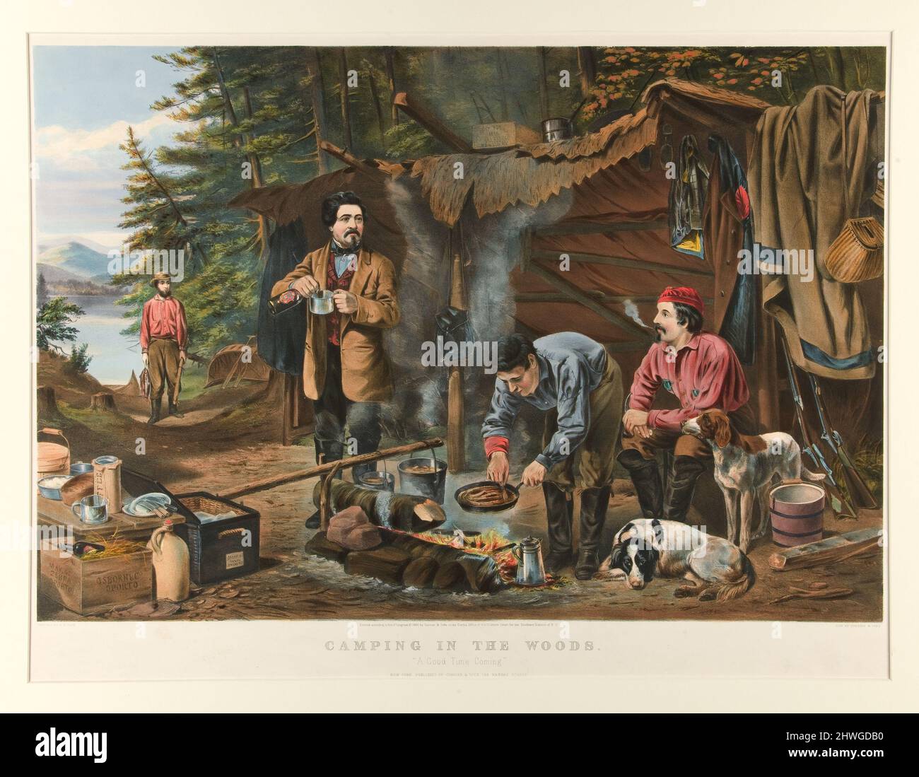 Camping in the Woods. “A Good Time Coming”.  Artist: Currier & Ives, American, active 1834–1907After: Arthur Fitzwilliam Tait, American, 1819–1905 Stock Photo