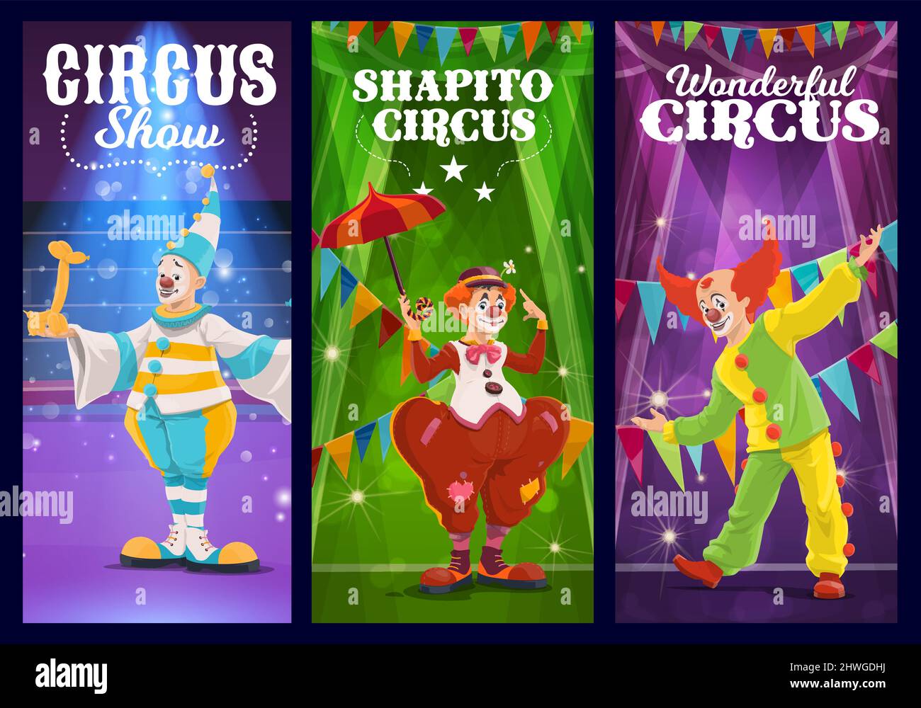 Shapito circus clowns, jesters and harlequin at funfair carnival show ...