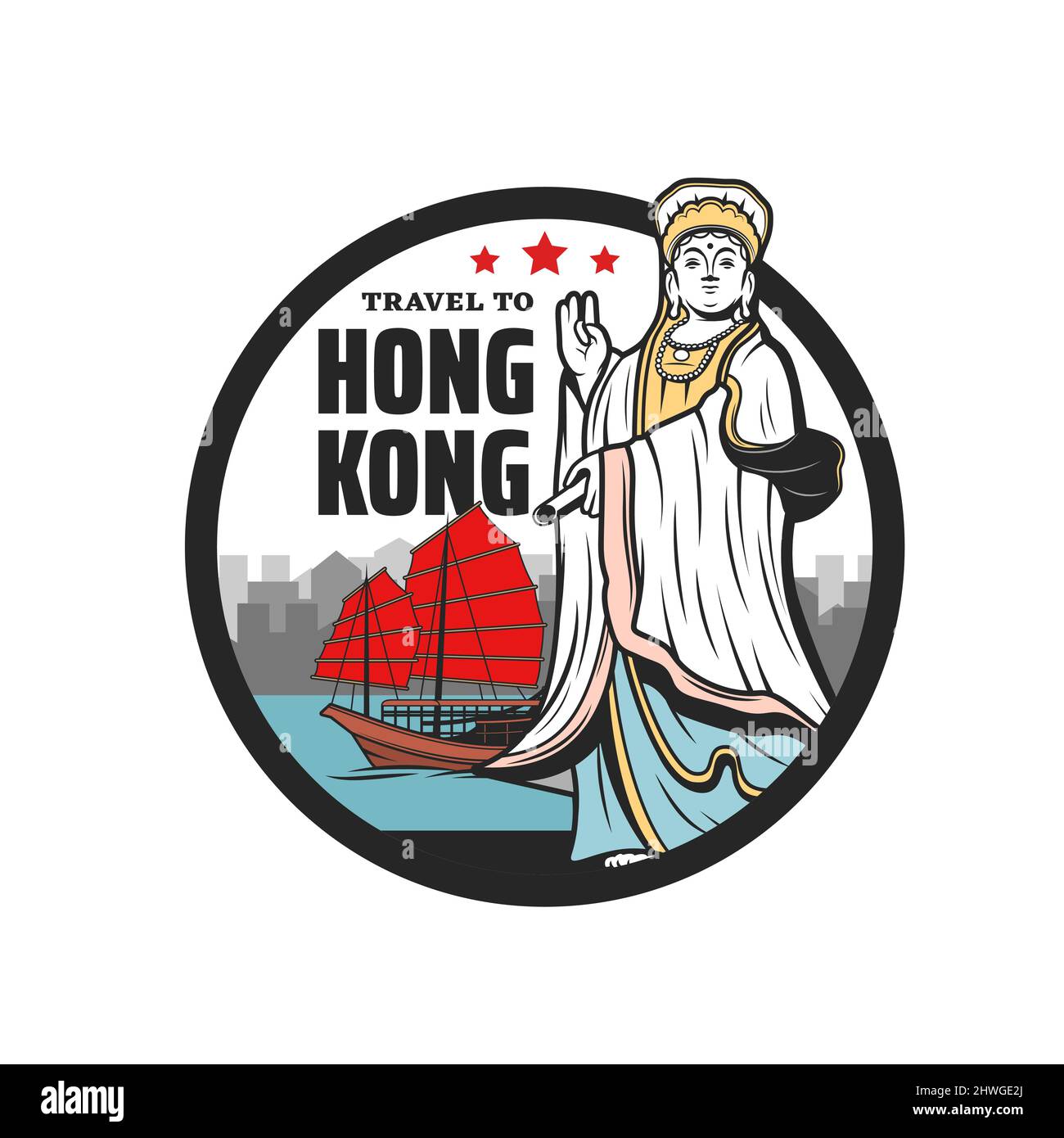 Kuan Yin goddess, Hong Kong travel isolated vector icon. Junk boat with red sail, Victoria harbour skyline and statue of Tin Hau Temple on Repulse bay, Asian tourism and Hong Kong travel tours Stock Vector