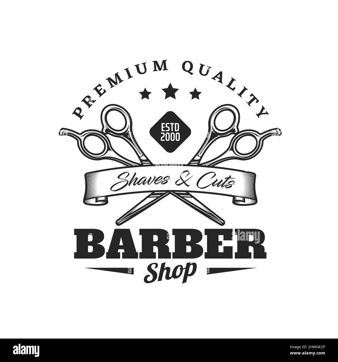 Barbershop icon with scissors for shaves and cuts, vector emblem. Barber shop salon for hipster and gentleman haircut and mustaches or beard grooming with crossed scissors and premium quality ribbon Stock Vector