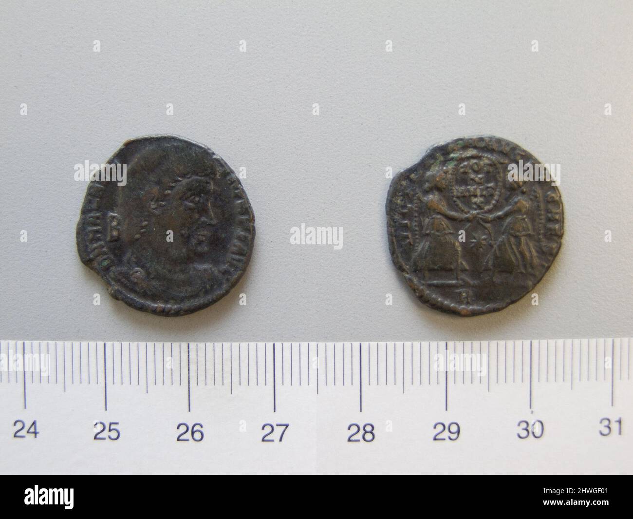 1 Nummus of Magnentius. Ruler: Magnentius, Emperor of Rome, ca. 303–353, ruled 350–53 Artist: Unknown Stock Photo