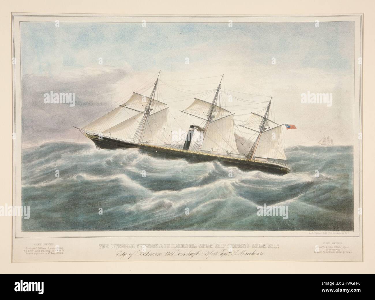 The Liverpool, New York & Philadelphia Steamship Company’s Steamship. Lithographer: Austin Augustus Turner, American, ca. 1831–1866Publisher: D. Appleton & Co. Stock Photo