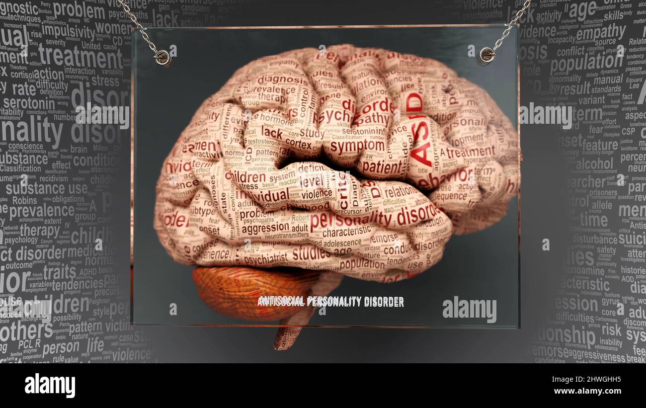 Antisocial personality disorder anatomy - its causes and effects projected on a human brain revealing its complexity and relation to human mind., 3d i Stock Photo