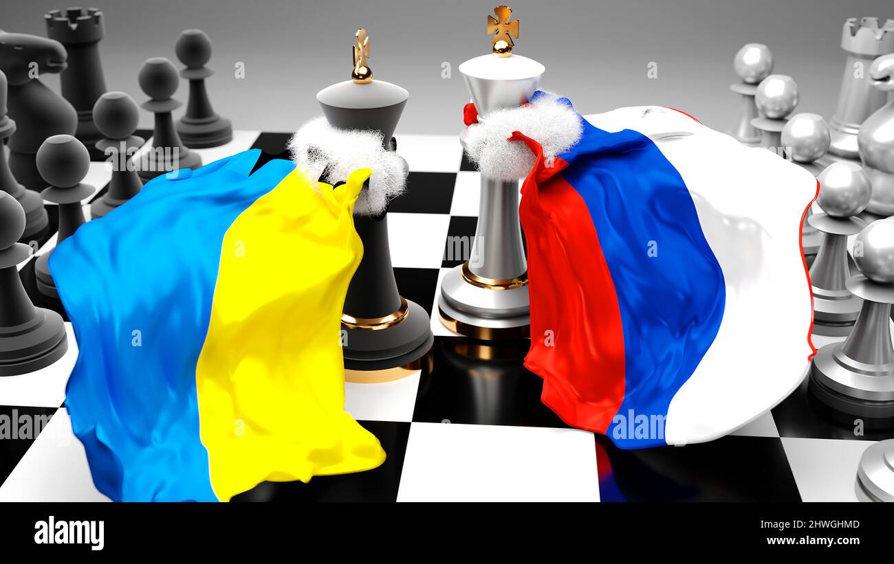 Ukraine Russia war, conflict, confrontation. Fighting between Ukraine Russia, symbolized by a stand off between two kings of a chess game with nationa Stock Photo
