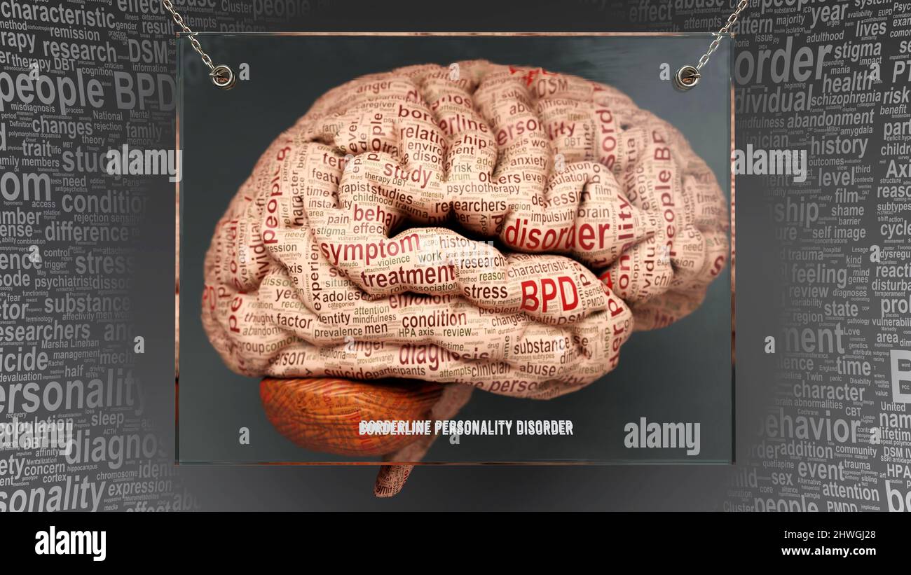 Borderline personality disorder anatomy - its causes and effects projected on a human brain revealing its complexity and relation to human mind., 3d i Stock Photo