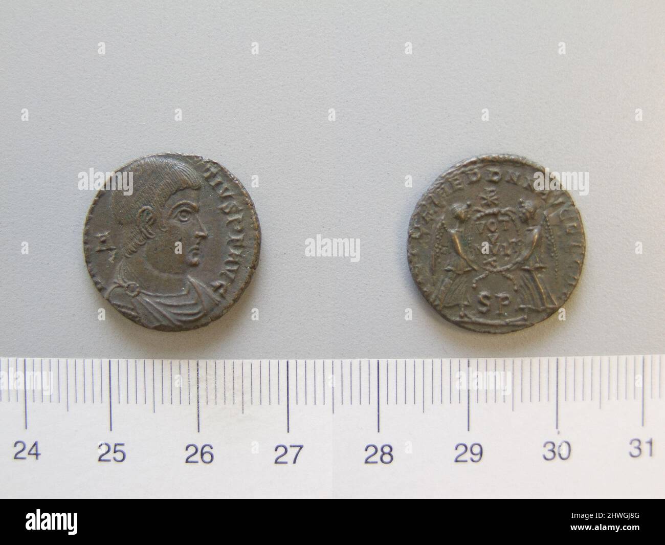 1 Nummus of Magnentius. Ruler: Magnentius, Emperor of Rome, ca. 303–353, ruled 350–53 Artist: Unknown Stock Photo