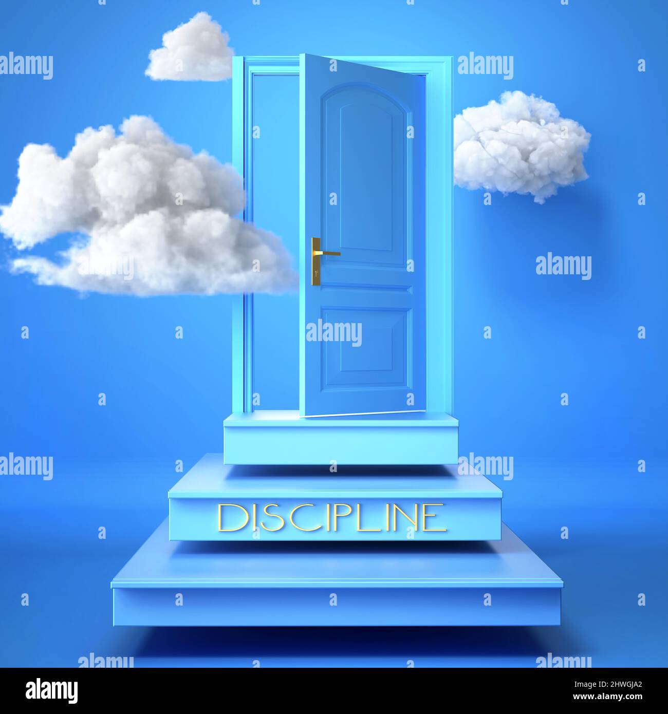 Discipline and success, progress and effort - concept 3d render. Ideas of work and goals symbolized by steps leading to an opening doors within clouds Stock Photo