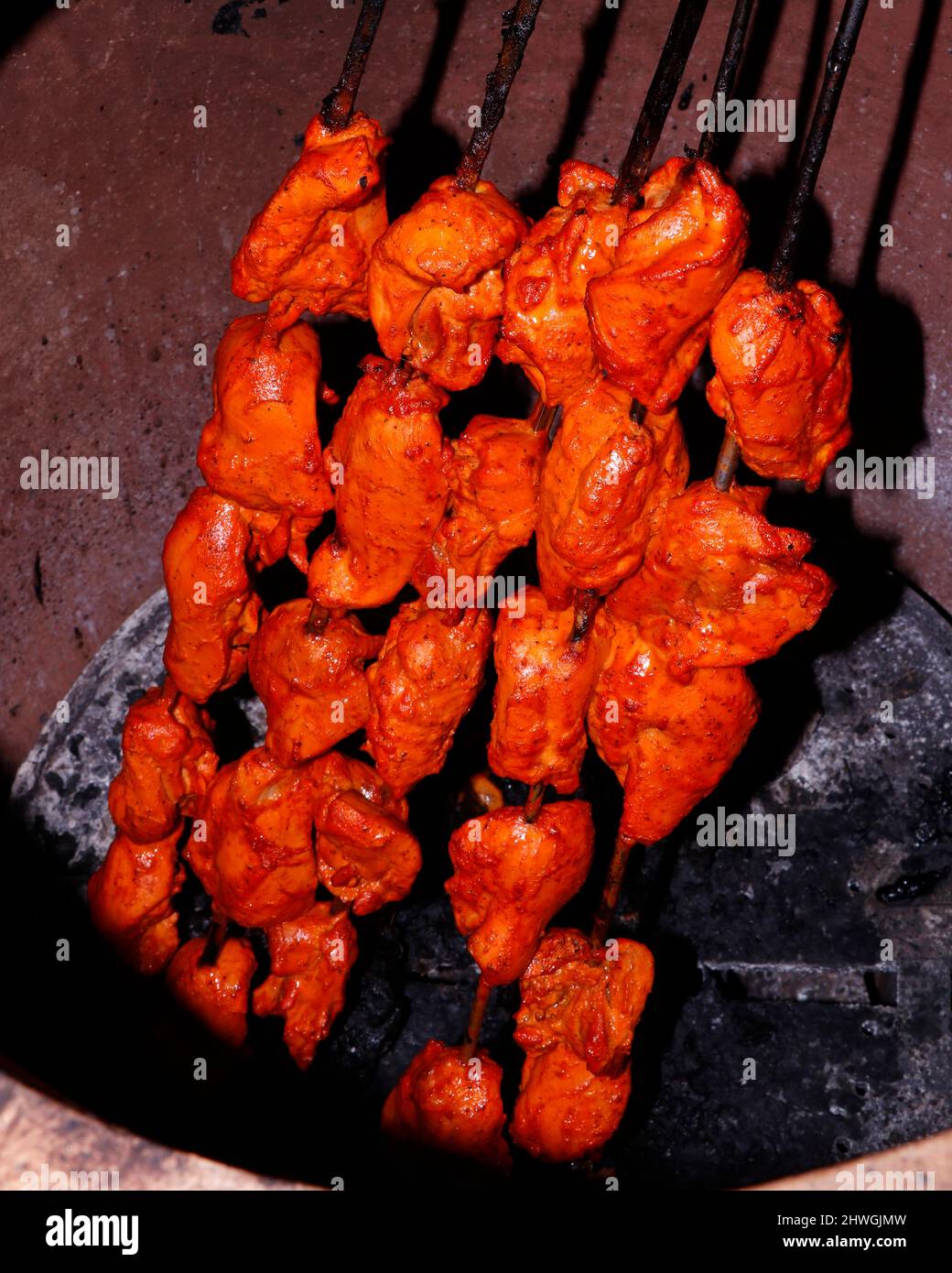 indian tandoori kebabs or tikka in a skewer cooked on the clay oven