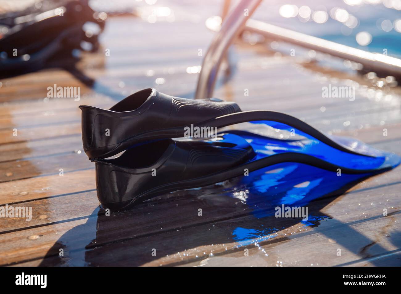 Equipment for diving and snorkeling in sea on boat. Concept tourism