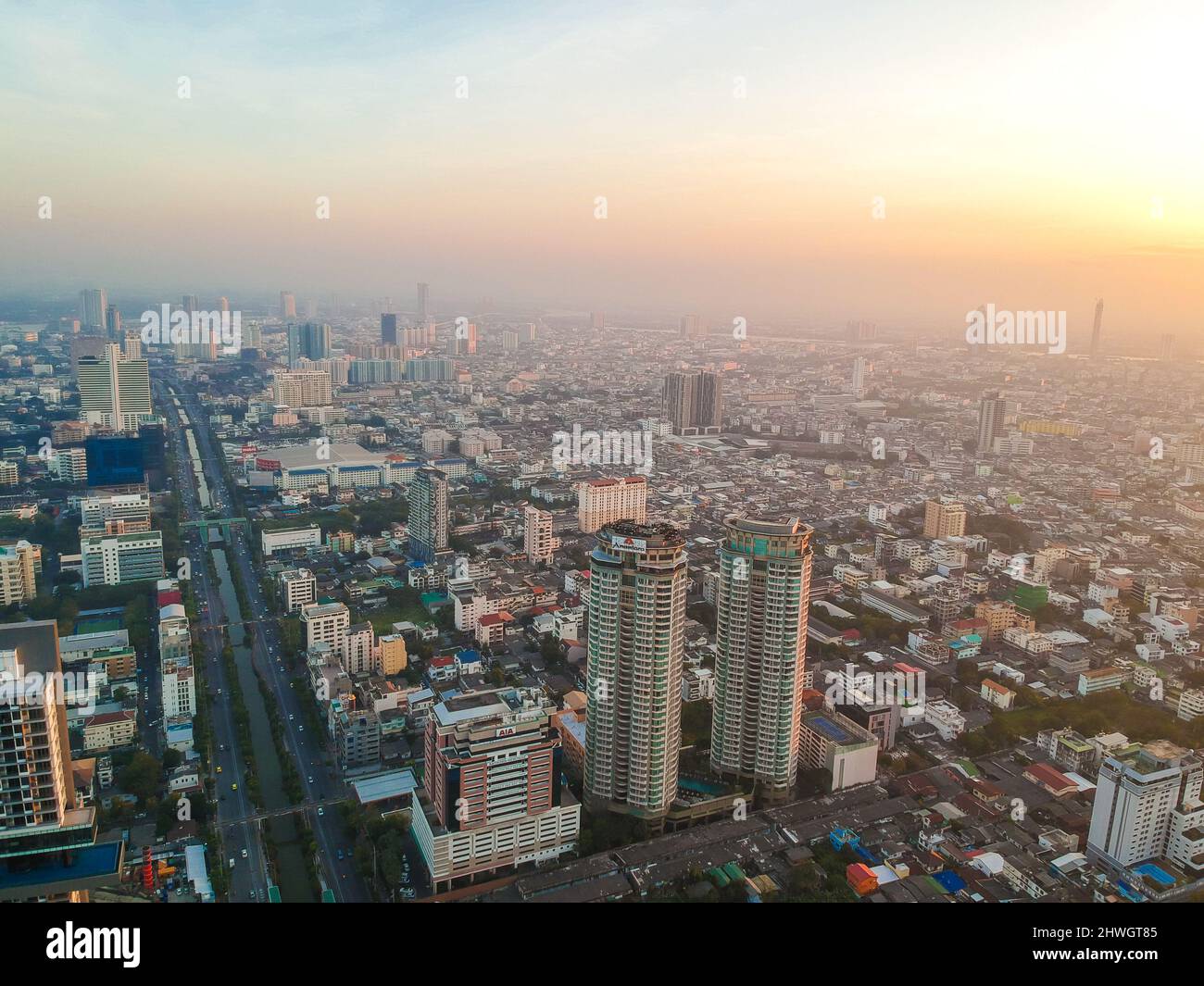 Modern city building morning sunrise aerial view cityscape Stock Photo ...