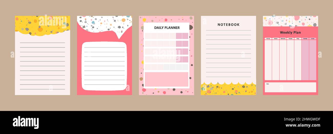 Set collection of colorful blank memo note letter file document diary book template layout with abstract terrazzo seamless pattern. Modern minimalisti Stock Vector