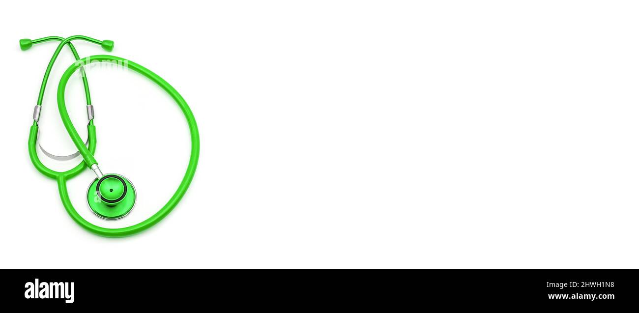 Top view photo of green stethoscope on isolated white background with ...