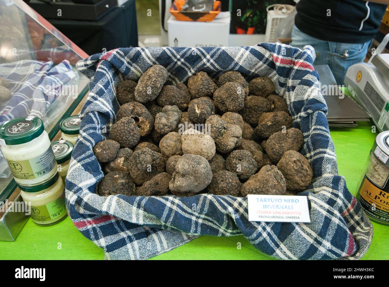 Winter black truffles (Tuber uncinatum) for sale, Città di Castello, Umbria, Italy Stock Photo