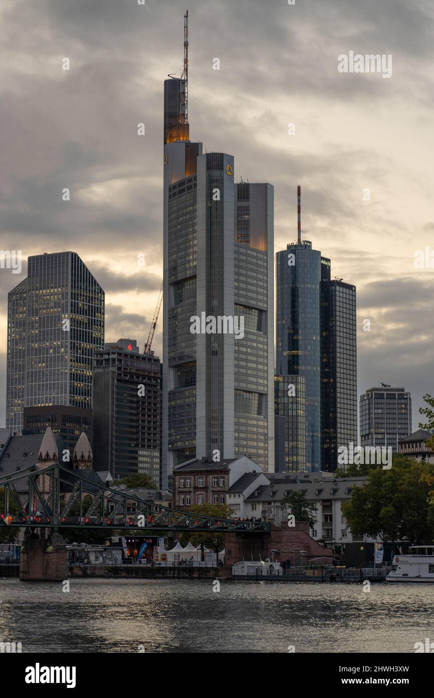 Frankfurt Am Main, Germany. 29th Sep, 2021. Commerzbank Tower, the headquarters of Commerzbank, surrounded by skyscrapers in Frankfurt am Main, on September 29, 2021. (Photo by Alexander Pohl/Sipa USA) Credit: Sipa USA/Alamy Live News Stock Photo