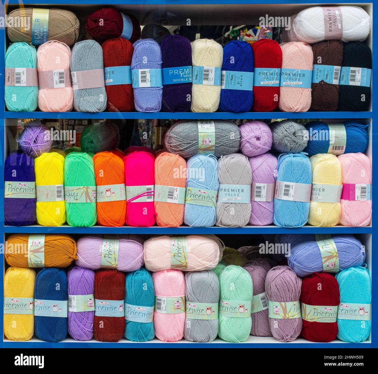 Balls of wool, shop window colourful display Stock Photo