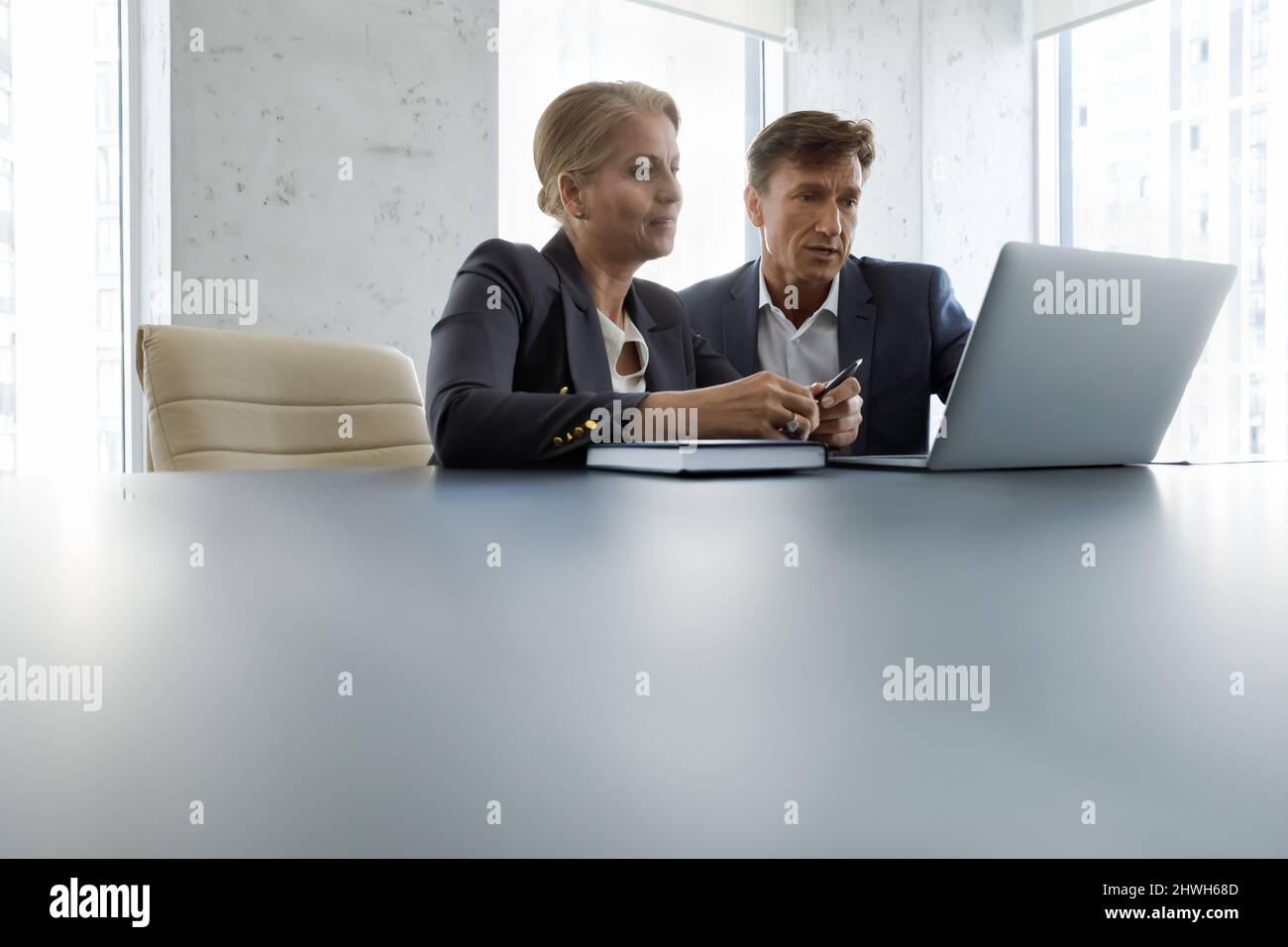 Focused middle aged colleagues working on laptop. Stock Photo
