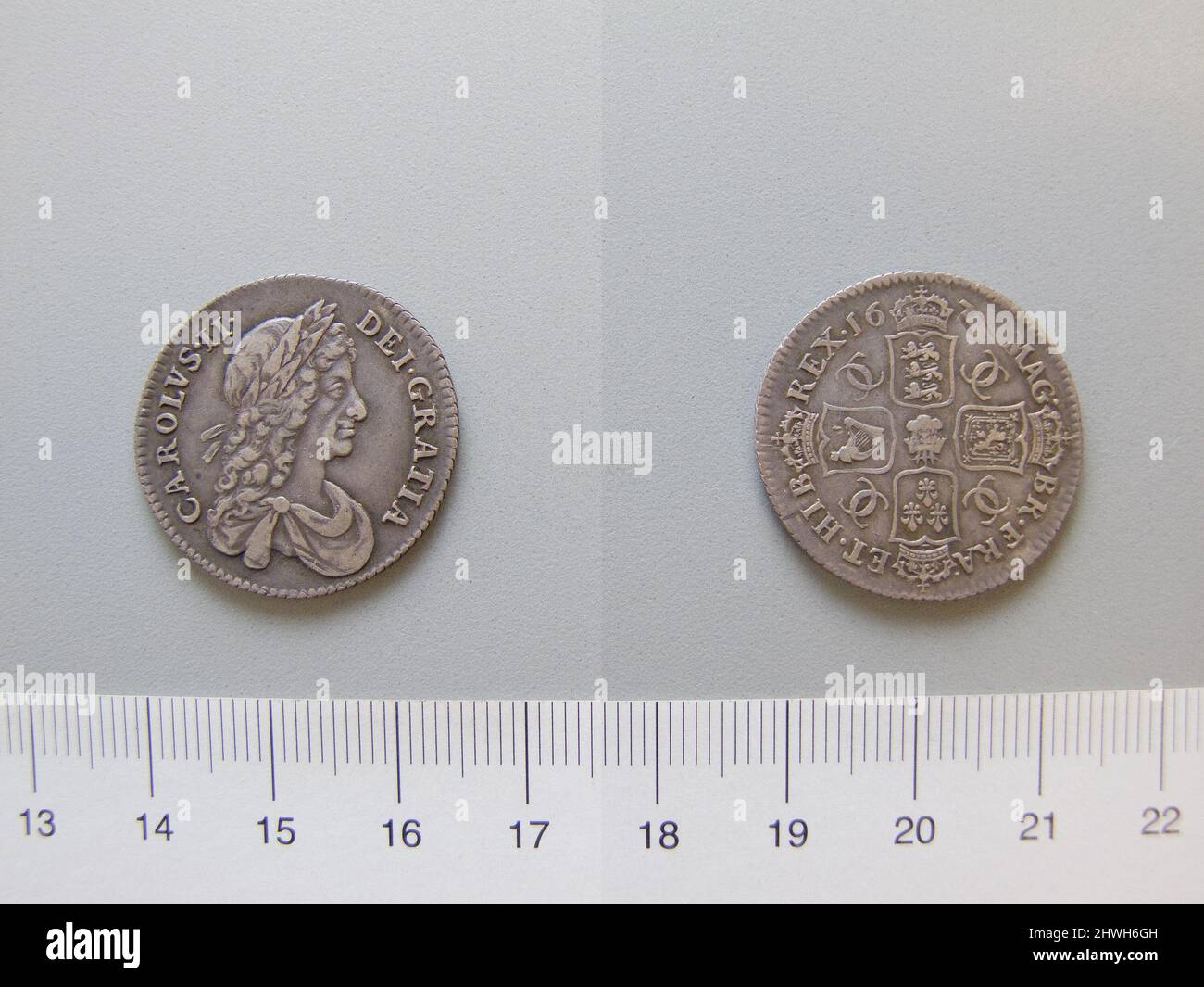 1 Shilling of Charles II, King of England and Scotland from Unknown . Ruler: Charles II, King of England and Scotland, British, 1630–1685, ruled 1660–85 Artist: Unknown Stock Photo