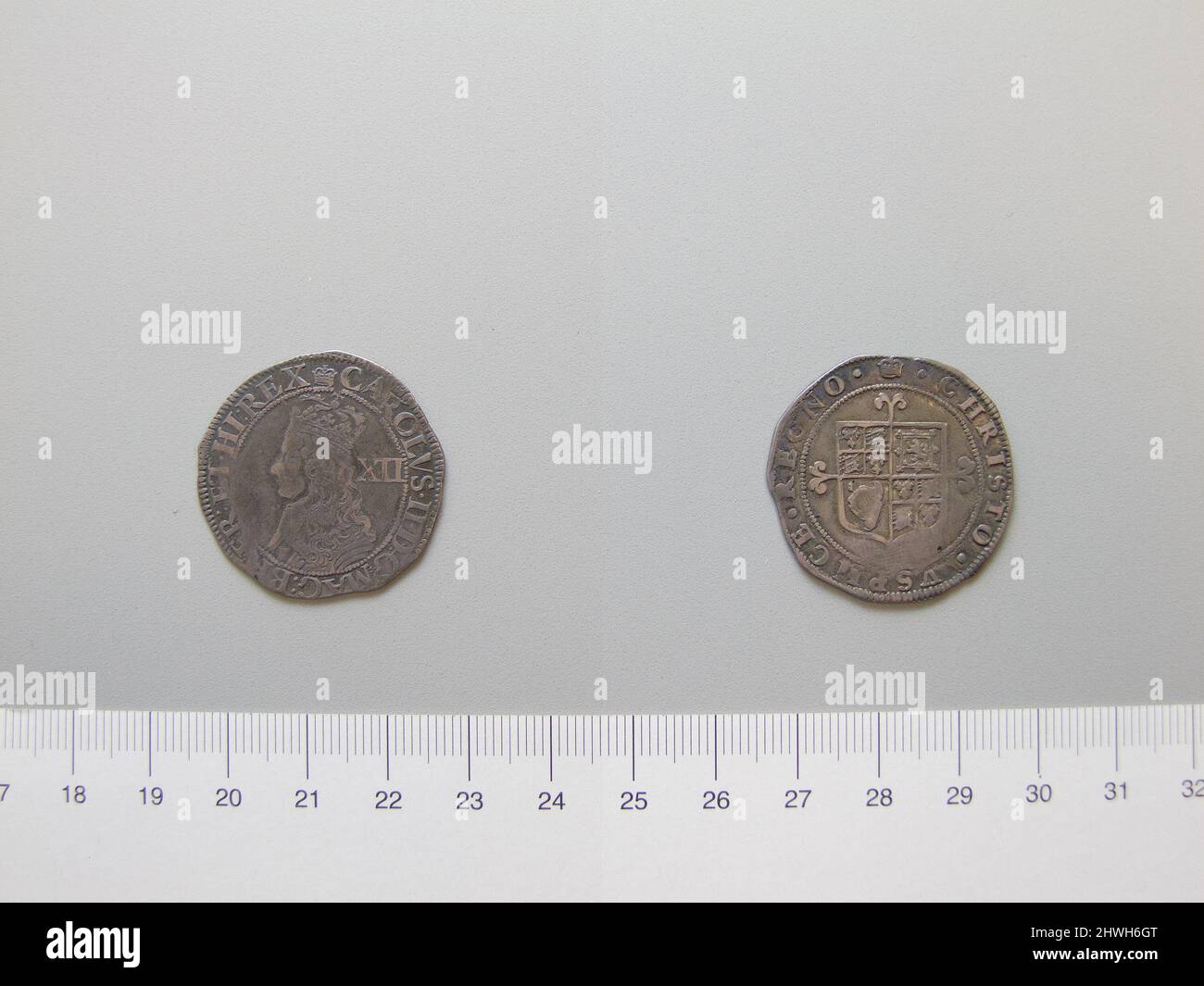 1 Shilling of Charles II, King of England and Scotland from London. Ruler: Charles II, King of England and Scotland, British, 1630–1685, ruled 1660–85 Mint: London Artist: Unknown Stock Photo