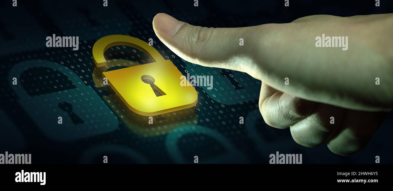 Businessman hand is unlocking security system. Online data security system and network cyber security technology. Cybersecurity, managed services. Stock Photo