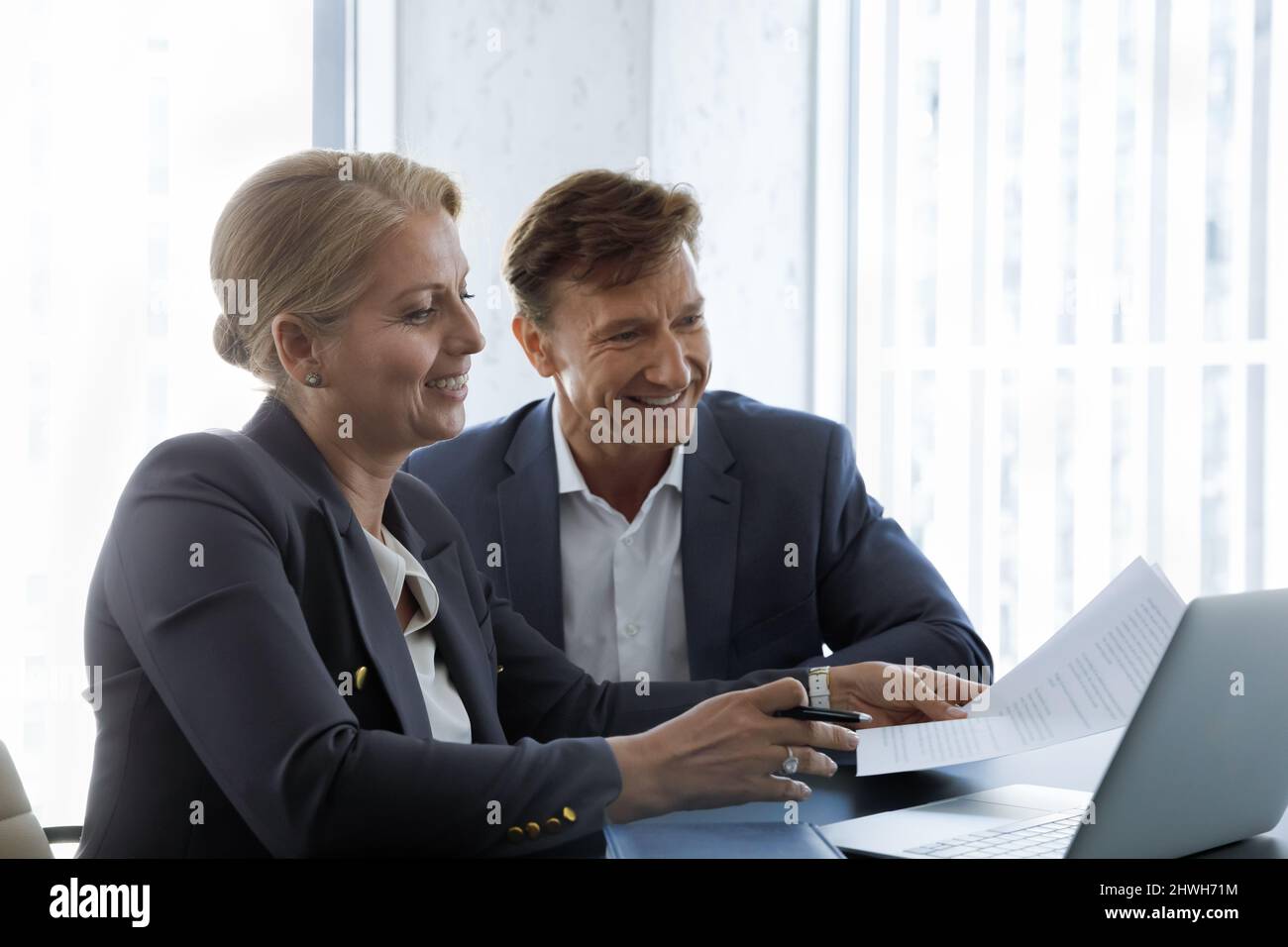 Happy middle aged business people working on computer. Stock Photo