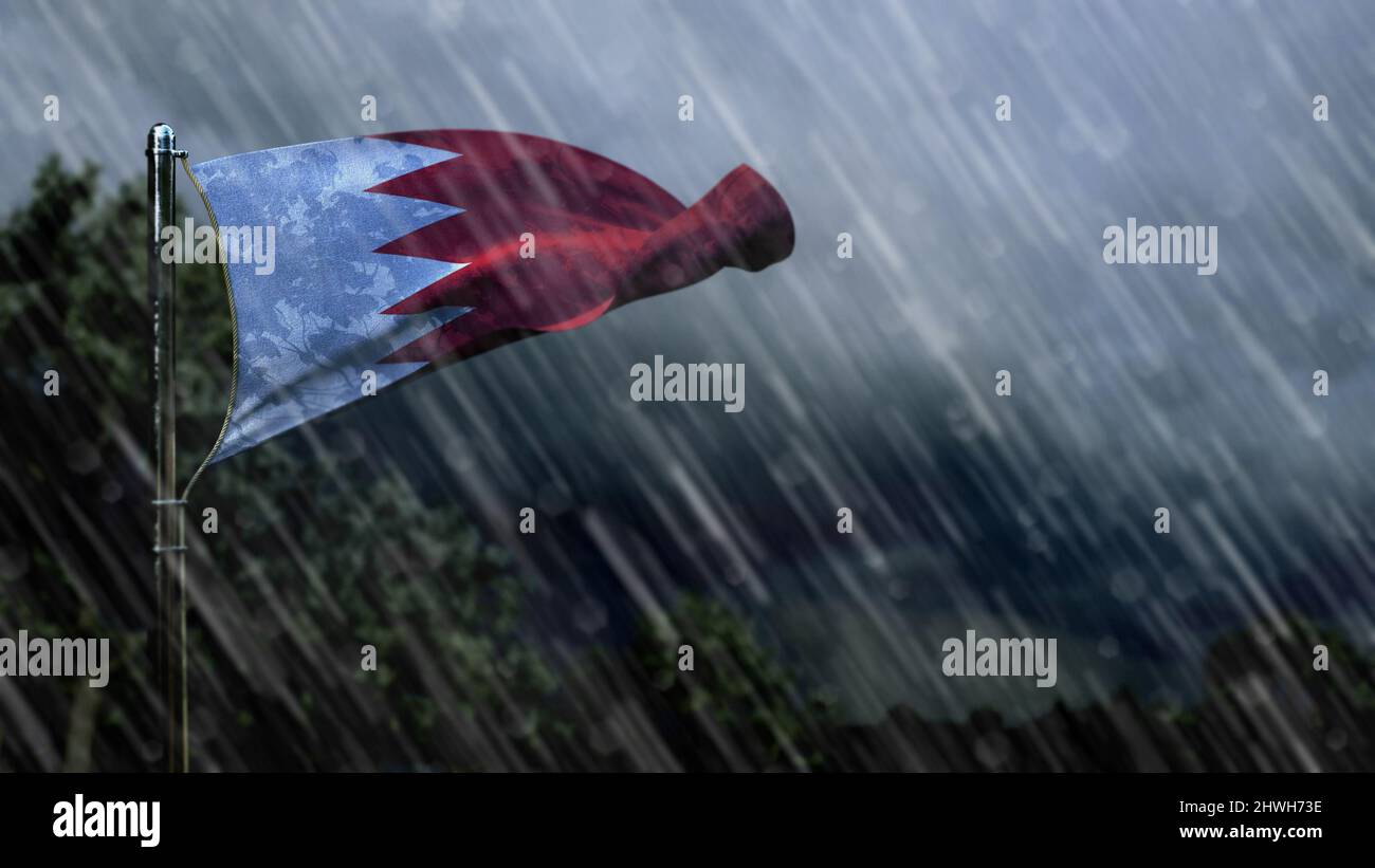 flag of Bahrain with rain and dark clouds, twister forecast symbol - nature 3D illustration Stock Photo