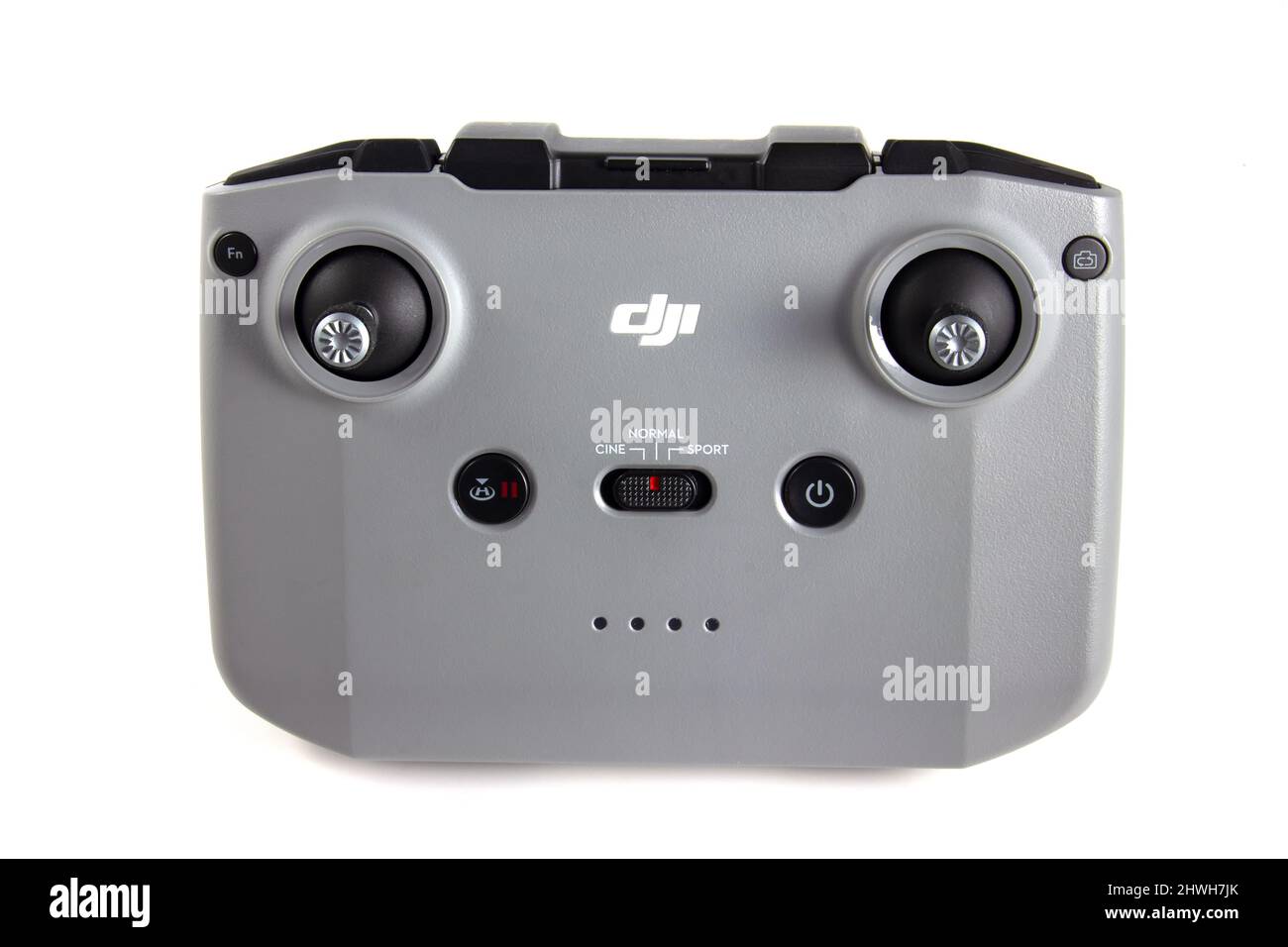 Remote control dji mavic mini 2 isolated on white background. Vinnytsia, Ukraine, 06.03.2022. Stock Photo