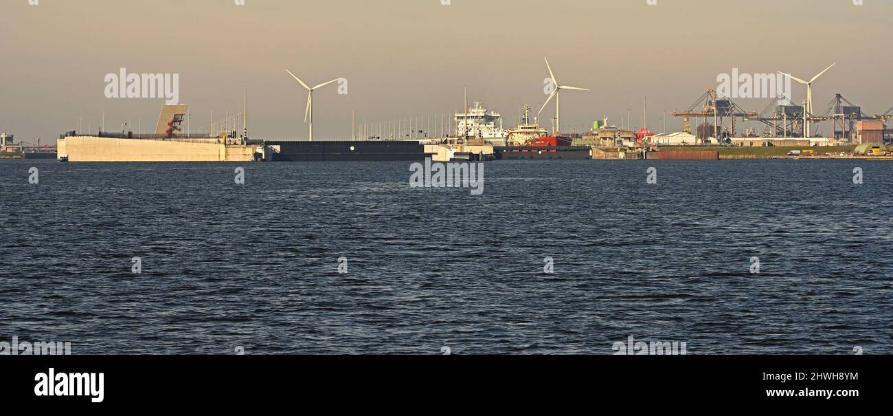 ijmuiden / netherlands - 2022-03-03:  view onto the new zeesluis (sea lock) (world largest lock: 500x70x18 m) from noordzeekanaal (north sea canal)  - Stock Photo