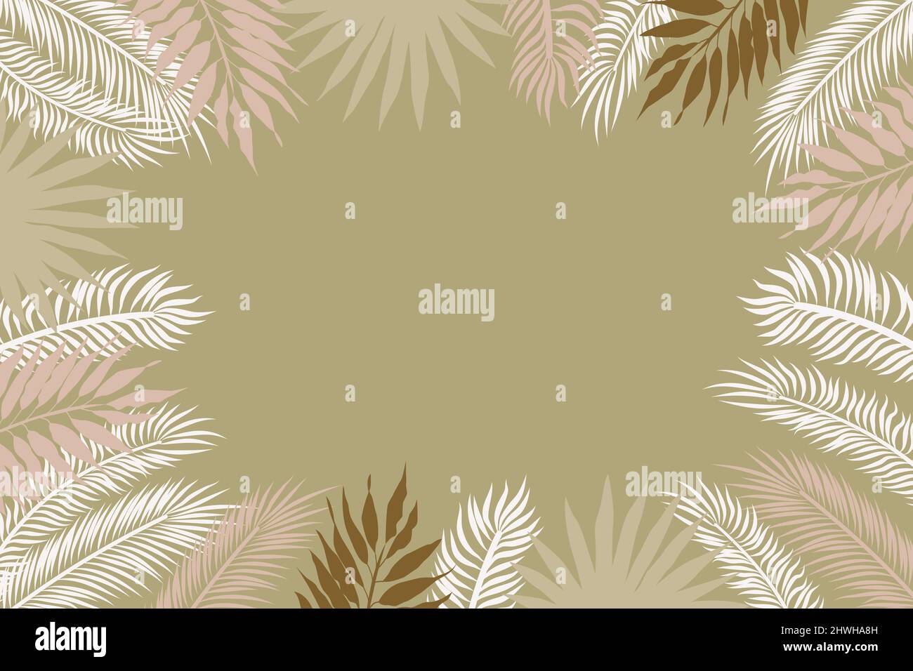 Banner template with beige color palm leaves. The background is tropical rectangular with a place for an inscription in the middle. Stock Vector