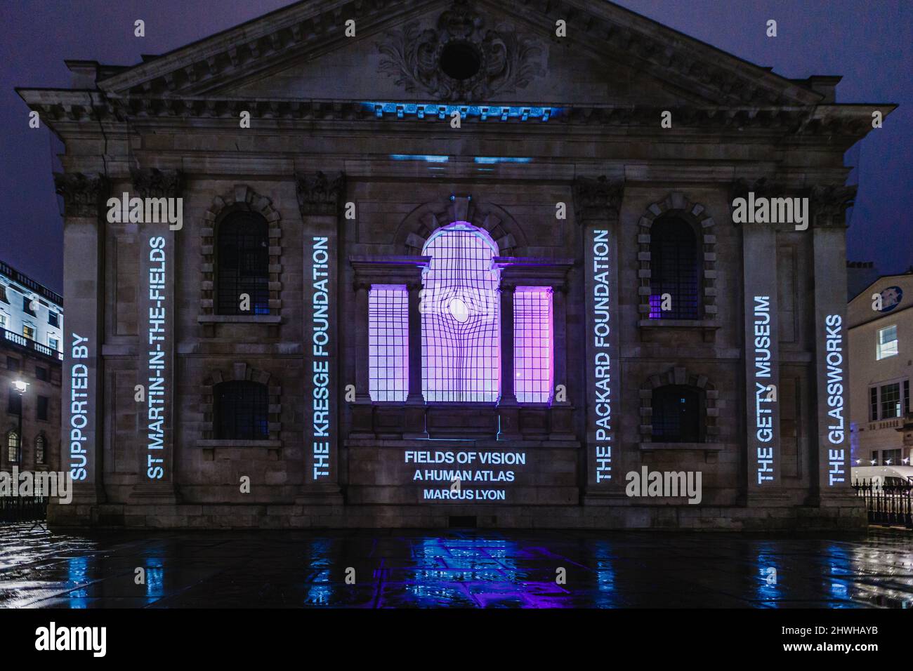 Fields of Vision projected  At St Martin-in-the-Fields London by Marcus Lyon. Stock Photo