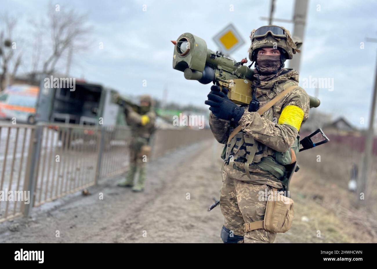 Armed Ukrainian soldiers pose with missiles in Kyiv, Ukraine, during the Russian invasion, as Russia invaded Ukraine on February 24, pictured on March Stock Photo