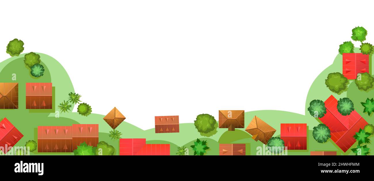 Border city street. Fragment of a small town with trees and houses. Isolated on white background. Top View from above. Cartoon cute style illustration Stock Vector
