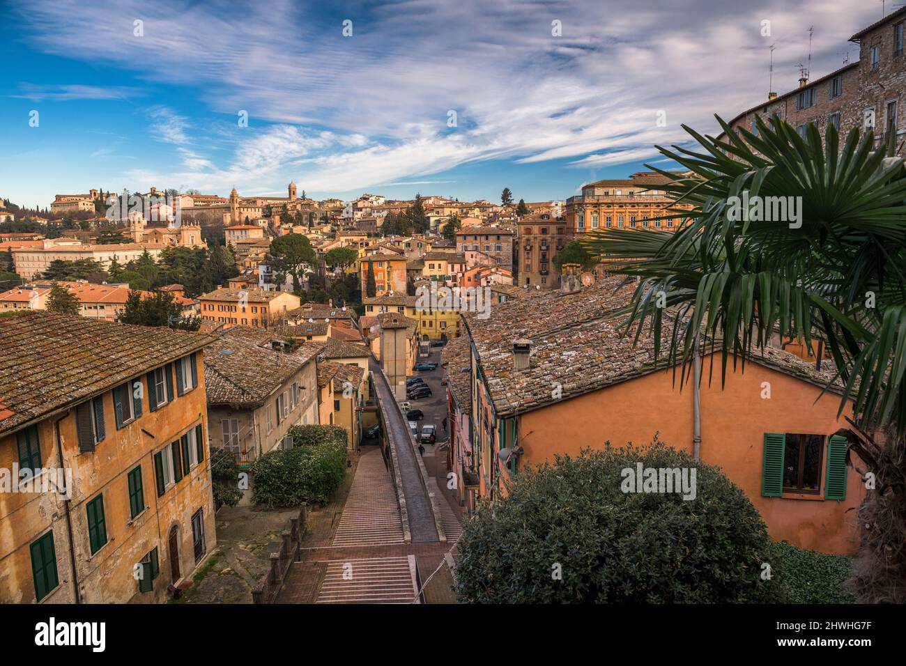 Perugia, Italy on the medieval Aqueduct Street in the morning. Stock Photo