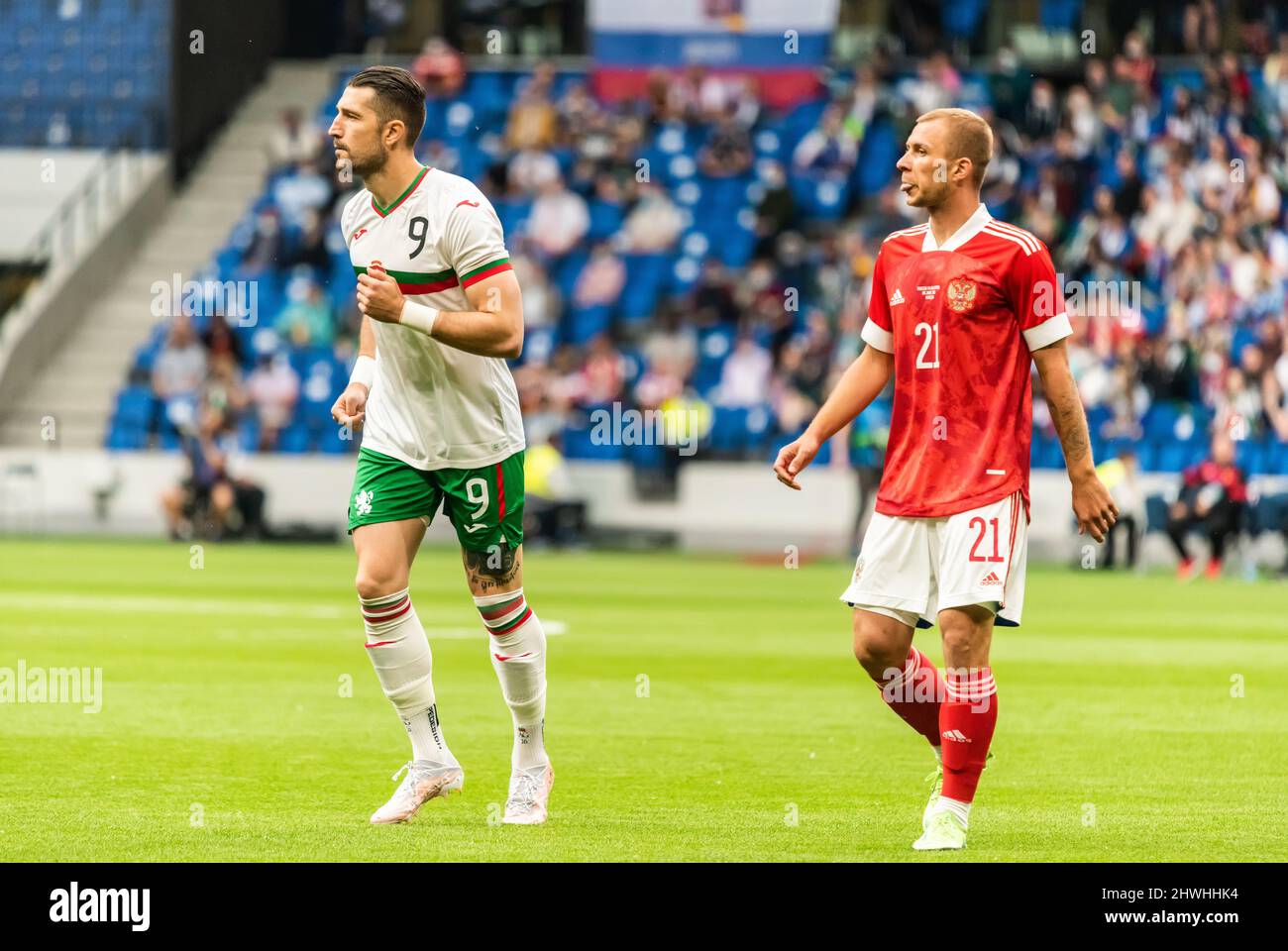 Moscow, Russia – June 5, 2021. Bulgaria national football team striker Andrej Galabinov and Russia midfielder Dmitri Barinov during international frie Stock Photo