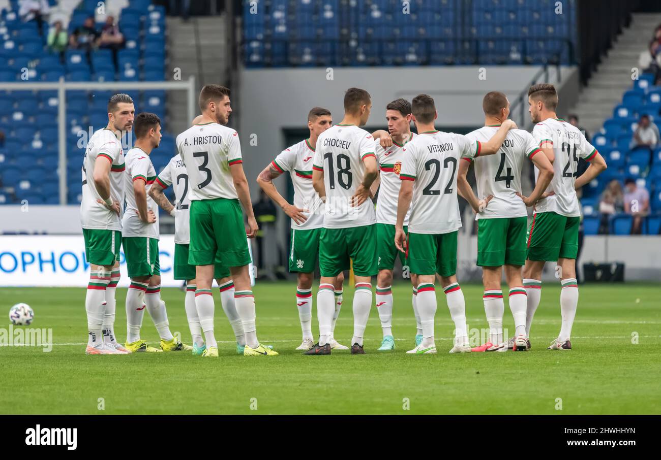 Moscow, Russia – June 5, 2021. Bulgaria national football team players huddling before international friendly Russia vs Bulgaria (1-0). Stock Photo