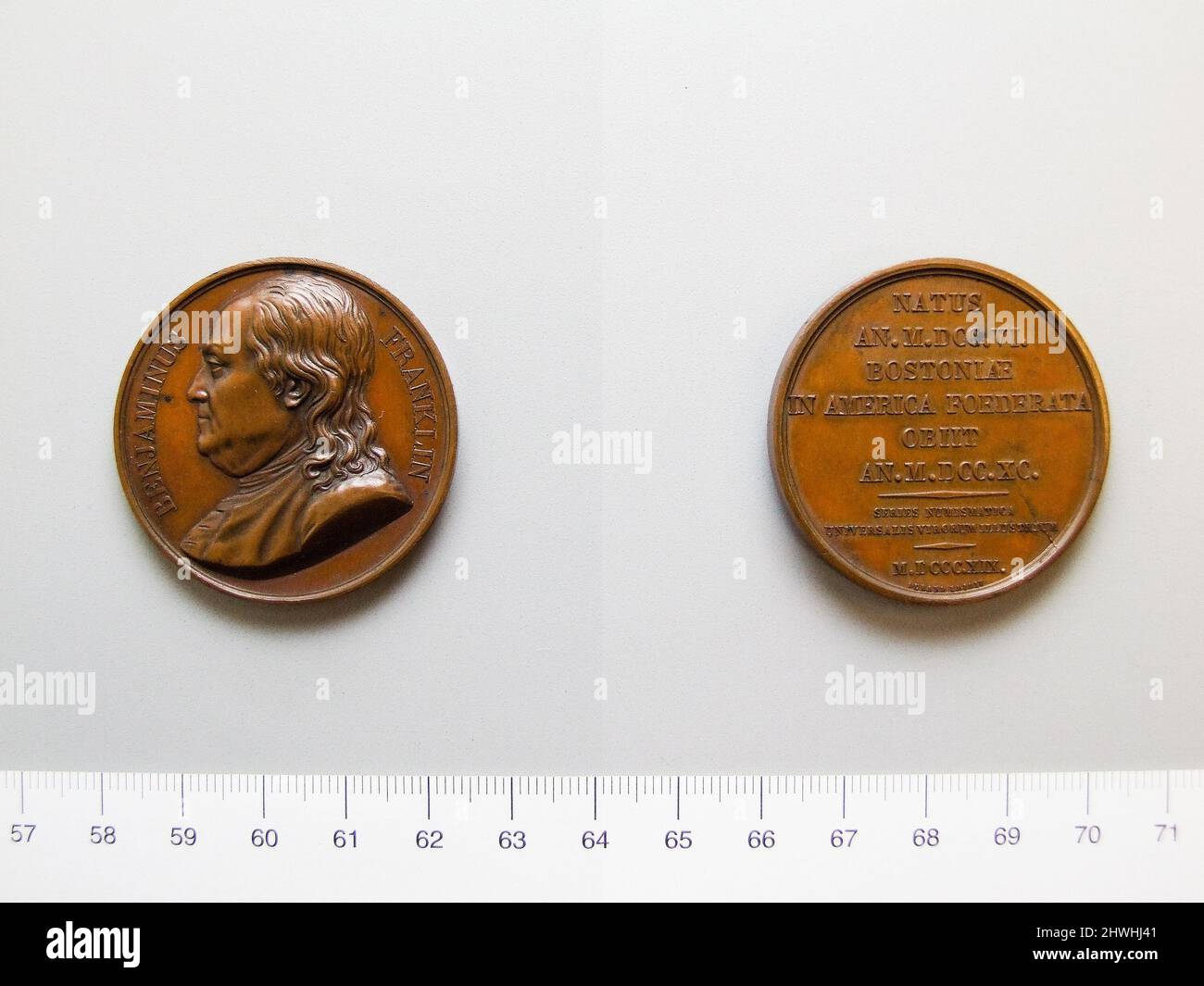Medal of Benjamin Franklin. Honorand: Benjamin Franklin, American, 1706–1790, M.A. (HON.) 1753 Mint: Paris Artist: Godel, FrenchManufacturer: Amédée Durand, French Stock Photo