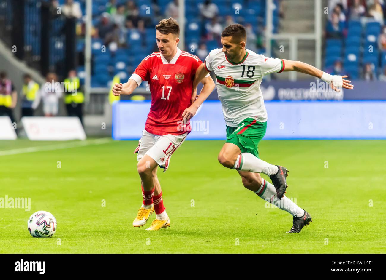 Moscow, Russia – June 5, 2021. Bulgaria national football team midfielder Ivaylo Chochev against Russia midfielder Aleksandr Golovin during internatio Stock Photo