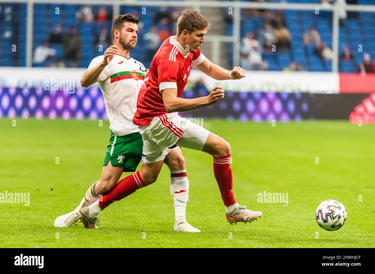 Moscow, Russia – June 5, 2021. Bulgaria national football team midfielder Petar Vitanov against Russia striker Alexander Sobolev during international Stock Photo
