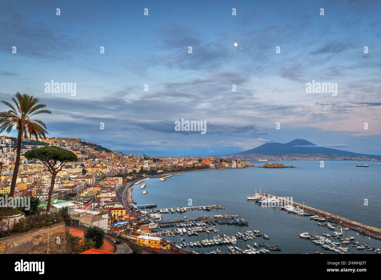 Naples, Italy aerial skyline on the bay with Mt. Vesusvius at dawn. Stock Photo