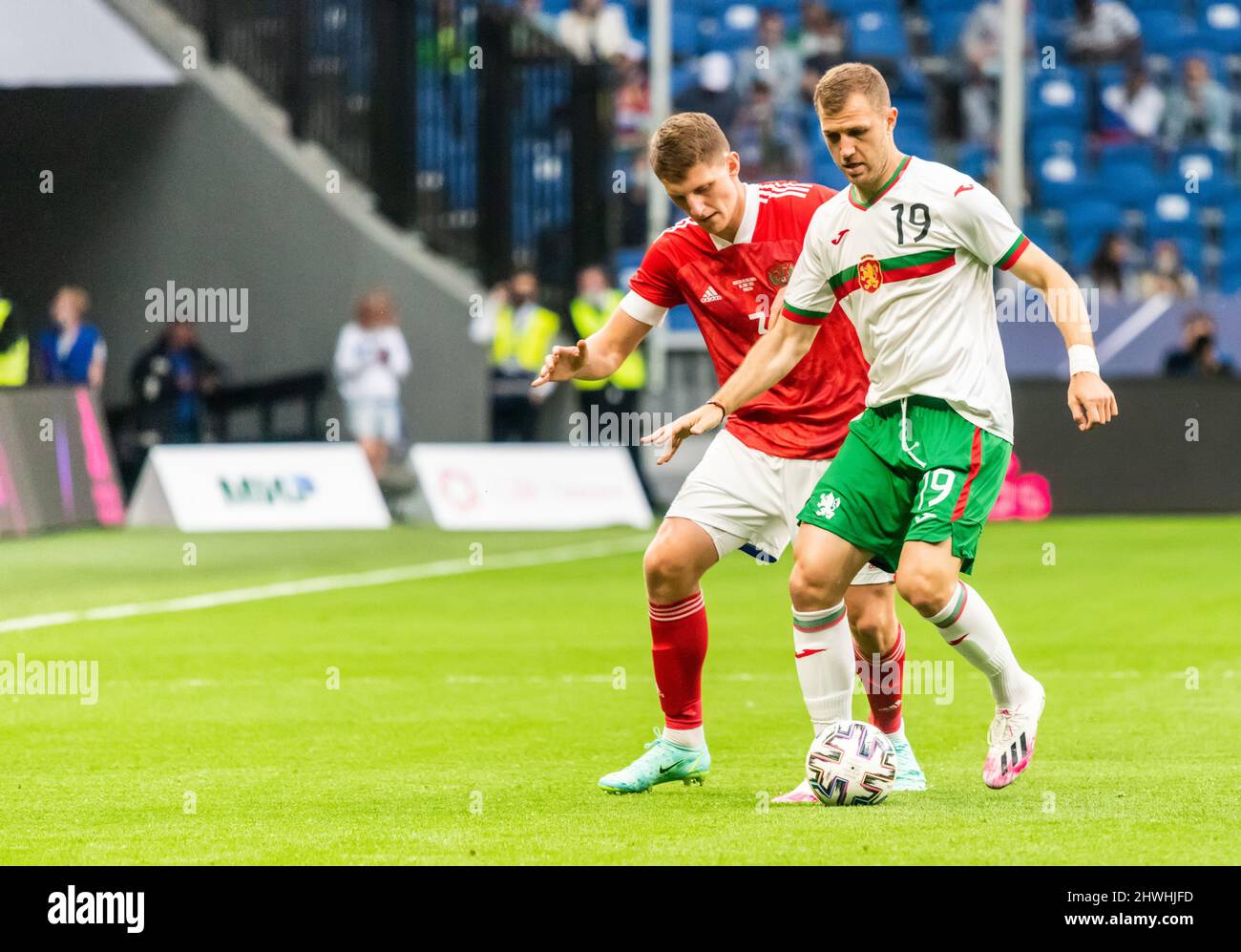 Moscow, Russia – June 5, 2021. Bulgaria national football team striker Atanas Iliev against Russia defender Igor Diveev during international friendly Stock Photo