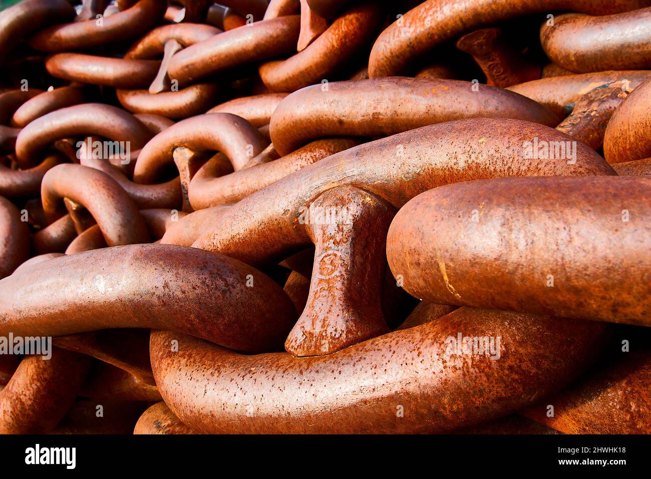 Detail of the stacked links of a large ship's chain Stock Photo